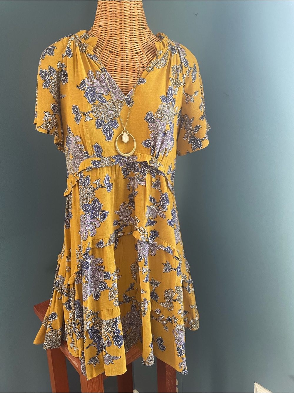 Anthropologie Robin Tiered Dress Mustard Yellow Blue Boho Style Size XS